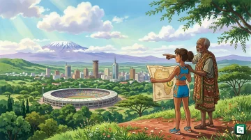 Athletes competing on track at World Athletics Championships with Nairobi skyline and stadium in background