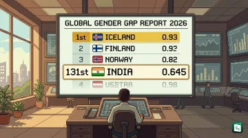 Cover visual showing Global Gender Gap Report 2026 rankings with India at 131st and Iceland at the top