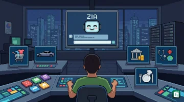Illustration of Zoho Zia Chat AI interface connecting business apps with seven vertical SaaS industry icons