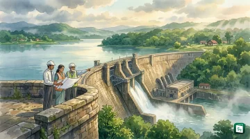 Portrait of Sir M Visvesvaraya with Krishna Raja Sagara Dam and engineering symbols for National Engineers Day