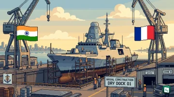 Indian and French naval shipbuilding cooperation represented by modern submarine and warship at sea