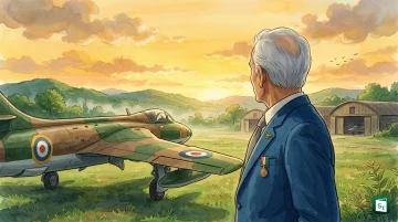 Portrait tribute to Flight Lieutenant Alfred Tyrone Cooke with Vir Chakra medal and Indian Air Force fighter jet in background