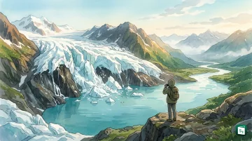 Mountain glaciers retreating with meltwater lake under snow peaks representing WMO 2025 water report findings