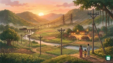 Electric vehicles, heat pumps and power lines representing rising electrification in India
