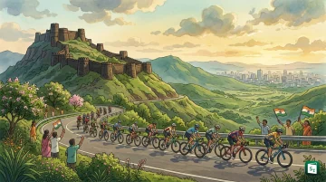 Cyclists racing on a city road with Pune cityscape, representing India hosting the UCI Road World Championships 2032
