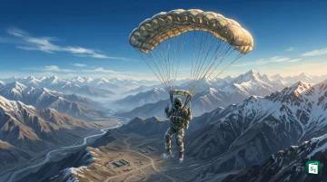 Special forces paratroopers testing DRDO Military Combat Parachute System over high altitude Ladakh mountains