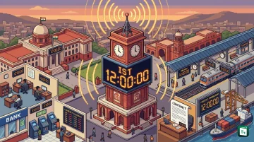 Clock tower marking the Indian Standard Time meridian at Mirzapur with atomic clock network illustration