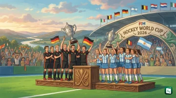 Players celebrate with FIH Hockey World Cup 2026 trophy at joint finals in Belgium and Netherlands