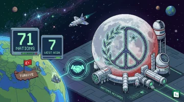 Officials signing the Artemis Accords at NASA Headquarters in Washington with flags of signatory nations and lunar surface backdrop