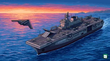 GJ-21 stealth flying wing UAV flying above Type 076 Sichuan amphibious assault ship with electromagnetic catapult deck